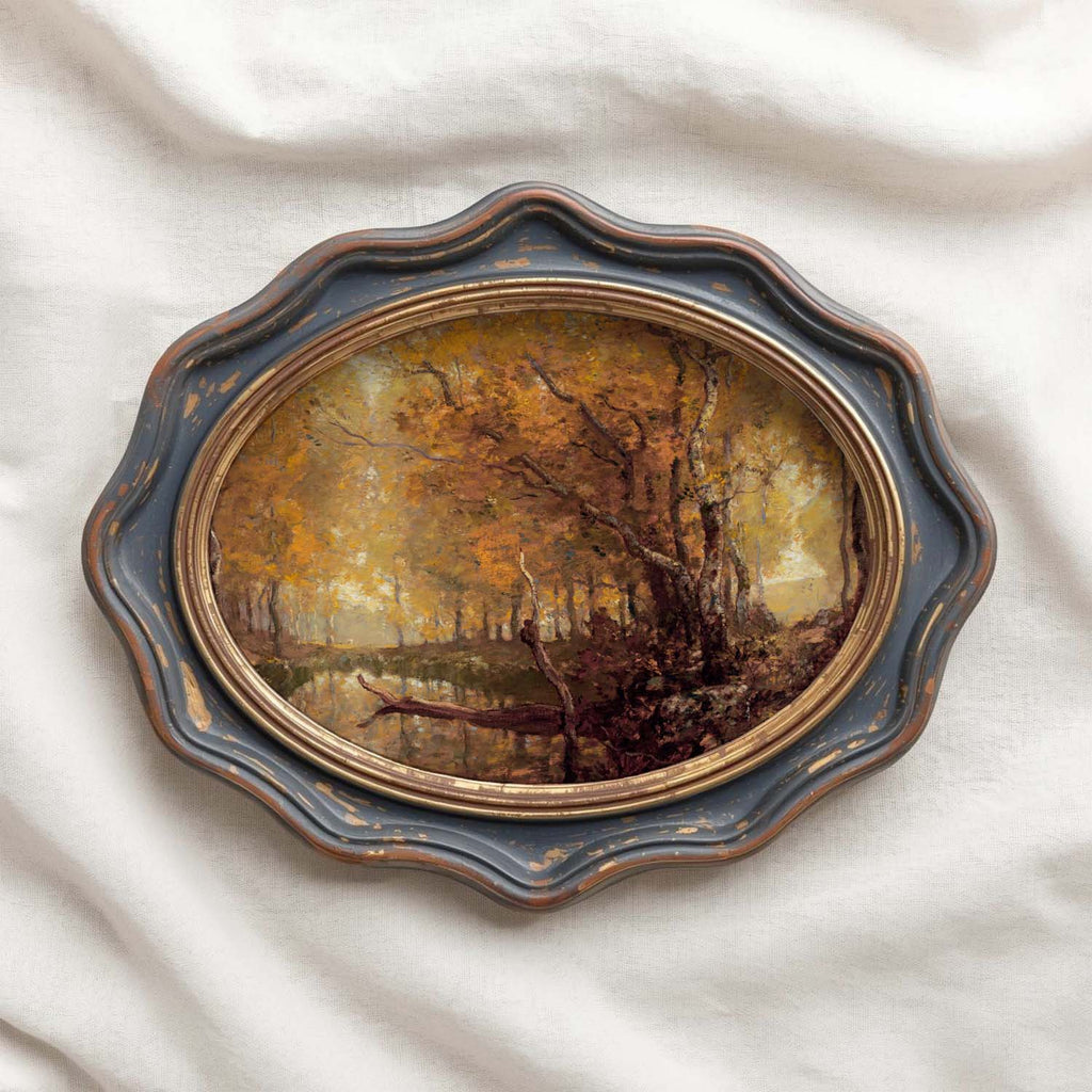 Moody autumn bedroom wall art with Vintage Autumn Forest Pond forest pond print.