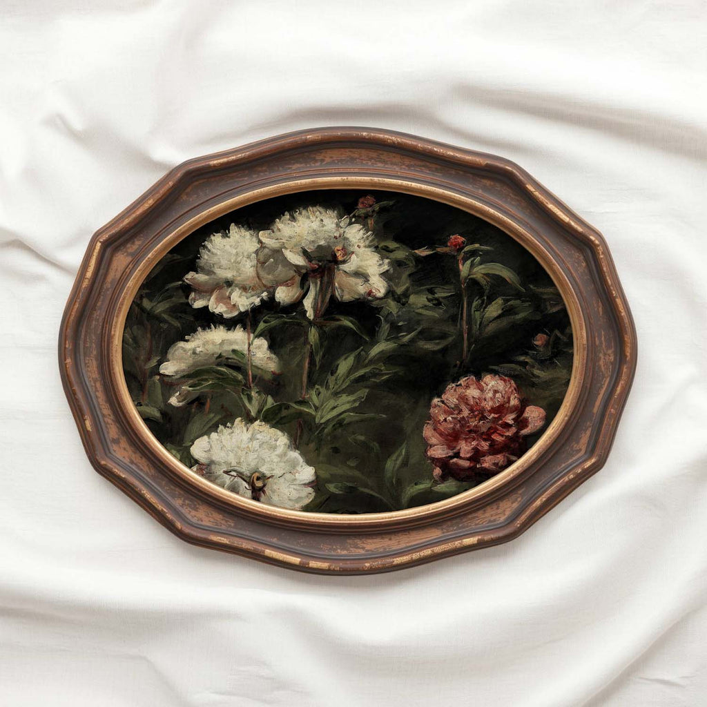 Moody autumn cottage decor style showing Rustic Dark Floral Roses printable wall art.