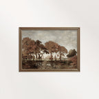Moody Autumn Forest Trees heritage art printable wall art in muted brown and blue tones.