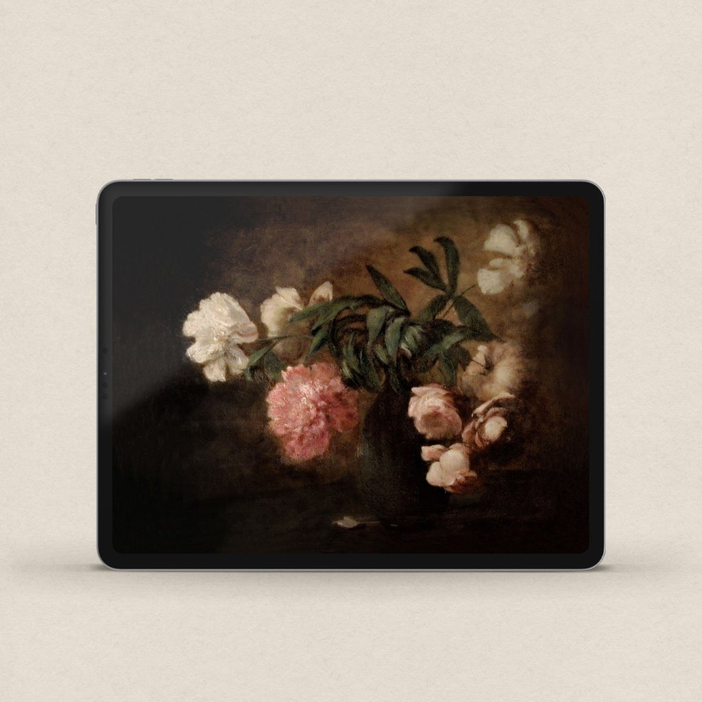 Moody Autumn Still Life iPad wallpaper featuring vintage florals and dark autumn botanical tones.