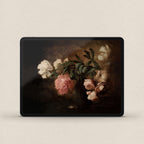 Moody Autumn Still Life iPad wallpaper featuring vintage florals and dark autumn botanical tones.