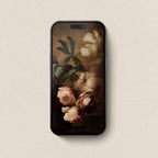 Moody Autumn Still Life iPhone lockscreen wallpaper with dark floral vintage art and autumn rose tones.
