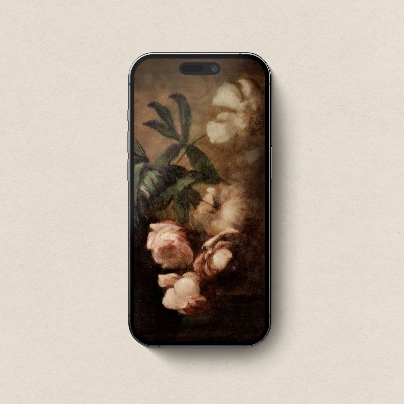 Moody Autumn Still Life iPhone lockscreen wallpaper with dark floral vintage art and autumn rose tones.