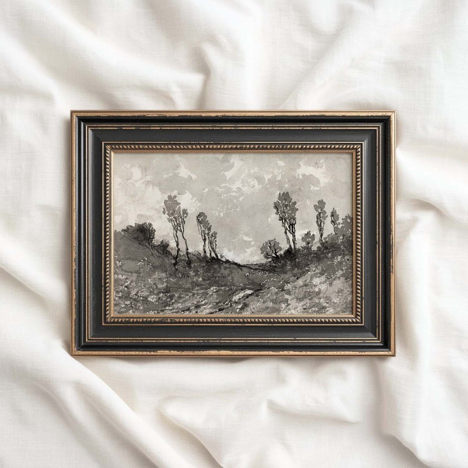 Moody Monochrome Landscape Wall Art Printable – Vintage Neutral Nature Sketch Print