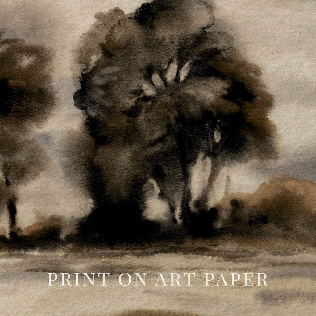 Moody Black Watercolor Tree Printable Wall Art | Vintage Monochrome Landscape