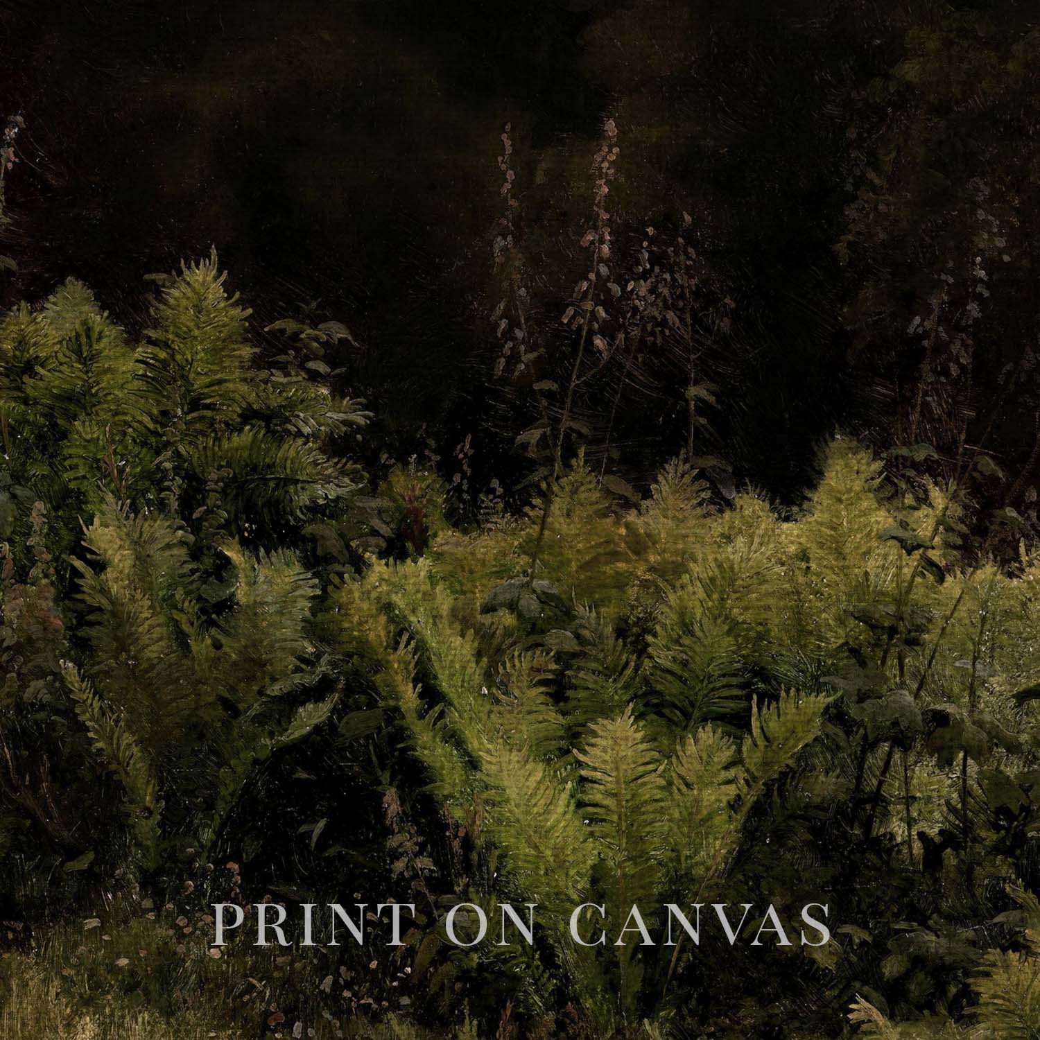 Moody botanical fern oil painting printable art with deep forest greens and a dark academia aesthetic.