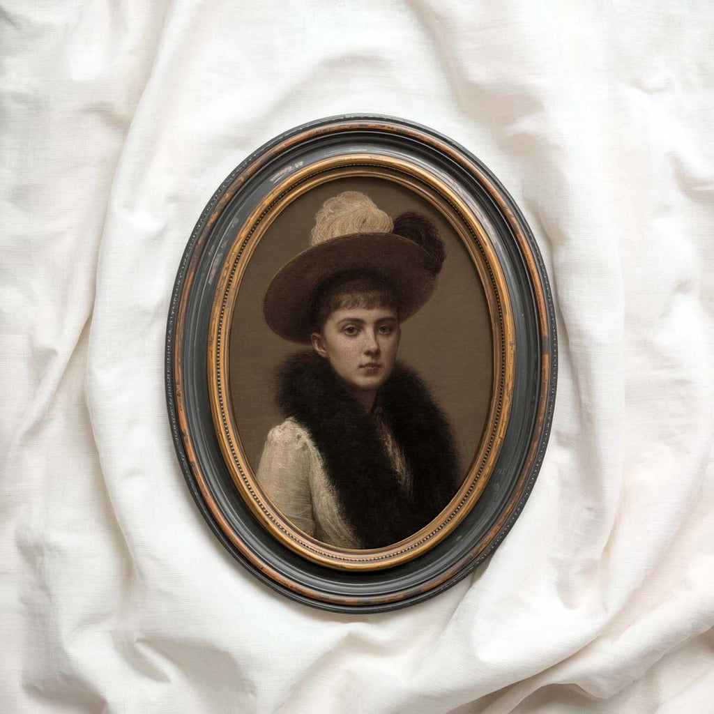Moody classical portrait wall art with soft dramatic lighting contrast and antique oil painting texture.