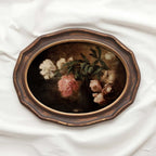 Moody cottage decor autumn rose wall print in a vintage still life art style, warm fall floral mood.