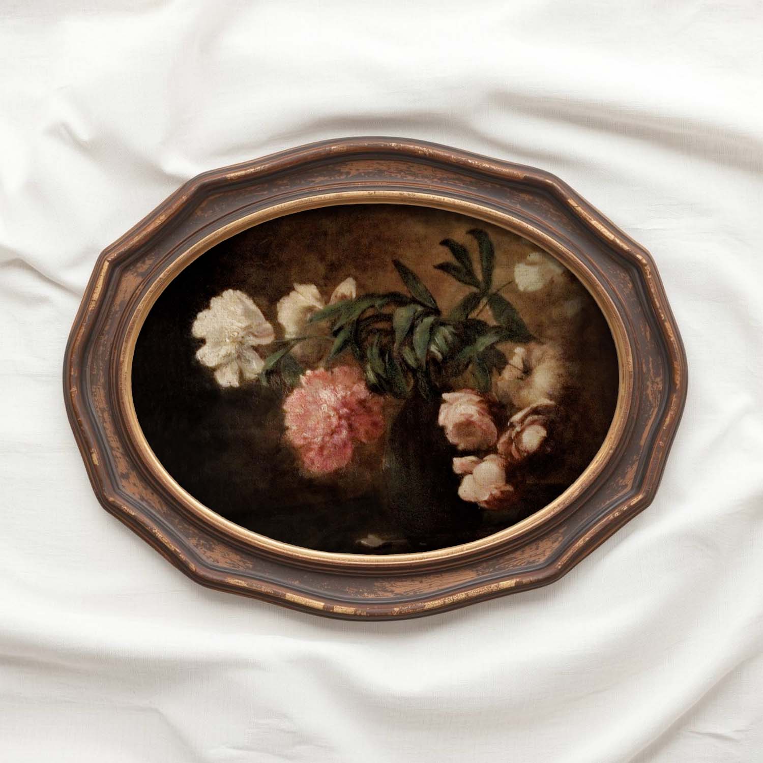 Moody cottage decor autumn rose wall print in a vintage still life art style, warm fall floral mood.