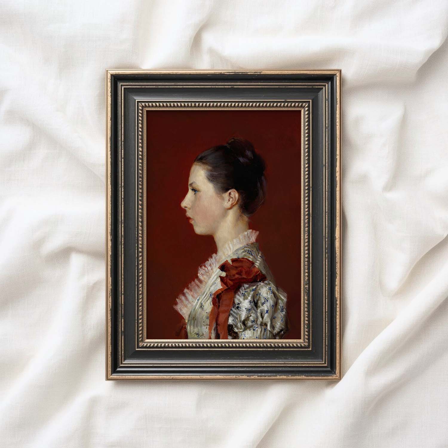 Oxblood Victorian Portrait Wall Art Printable | Dark Red Side Profile Woman Oil Painting (Digital Download)