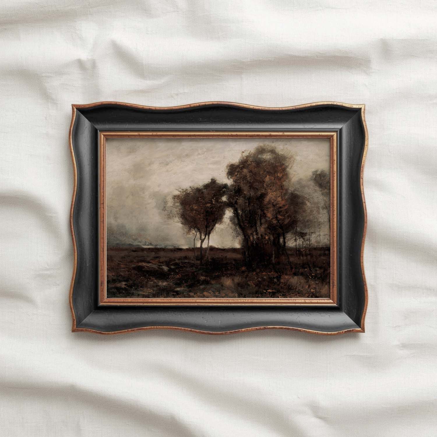 Moody earth tone landscape printable wall art with black and beige palette and serene minimalist composition.
