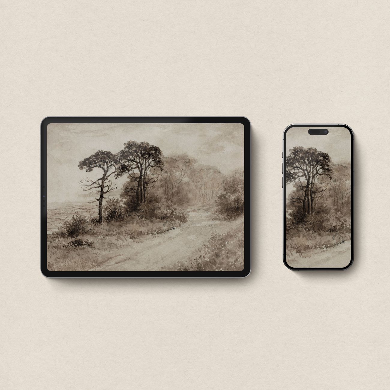 Dark Academia Autumn Landscape Wallpaper Bundle | Antique Watercolor Neutral Beige Aesthetic