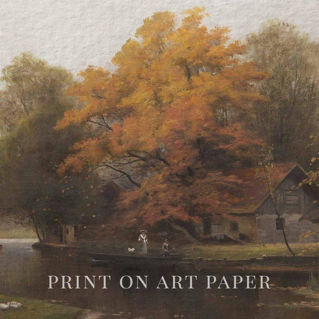 Moody forest cabin riverside autumn landscape print in vintage fall tones with dark cottagecore aesthetic.
