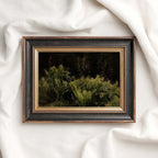 Moody forest ferns antique botanical oil painting with vintage character and dark woodland atmosphere.
