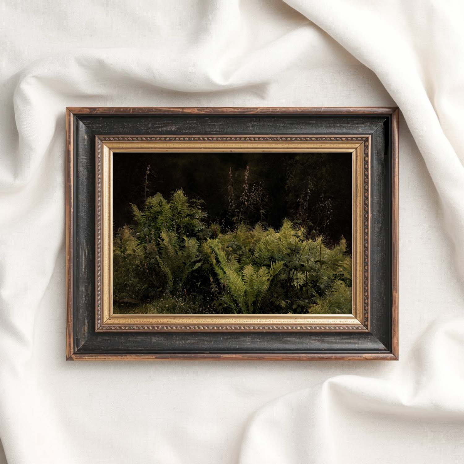Moody forest ferns antique botanical oil painting with vintage character and dark woodland atmosphere.