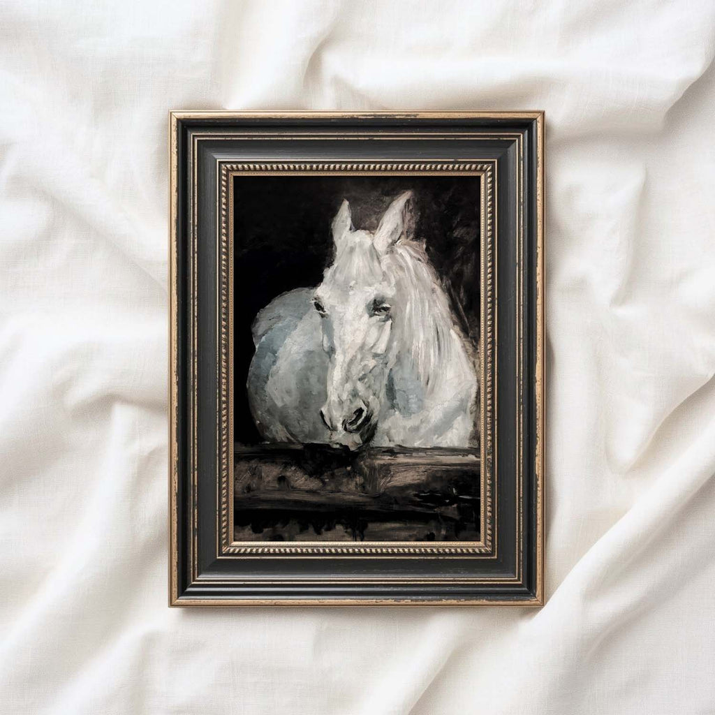 Vintage White Horse Stable Wall Art Printable (Dark Academia Equestrian)