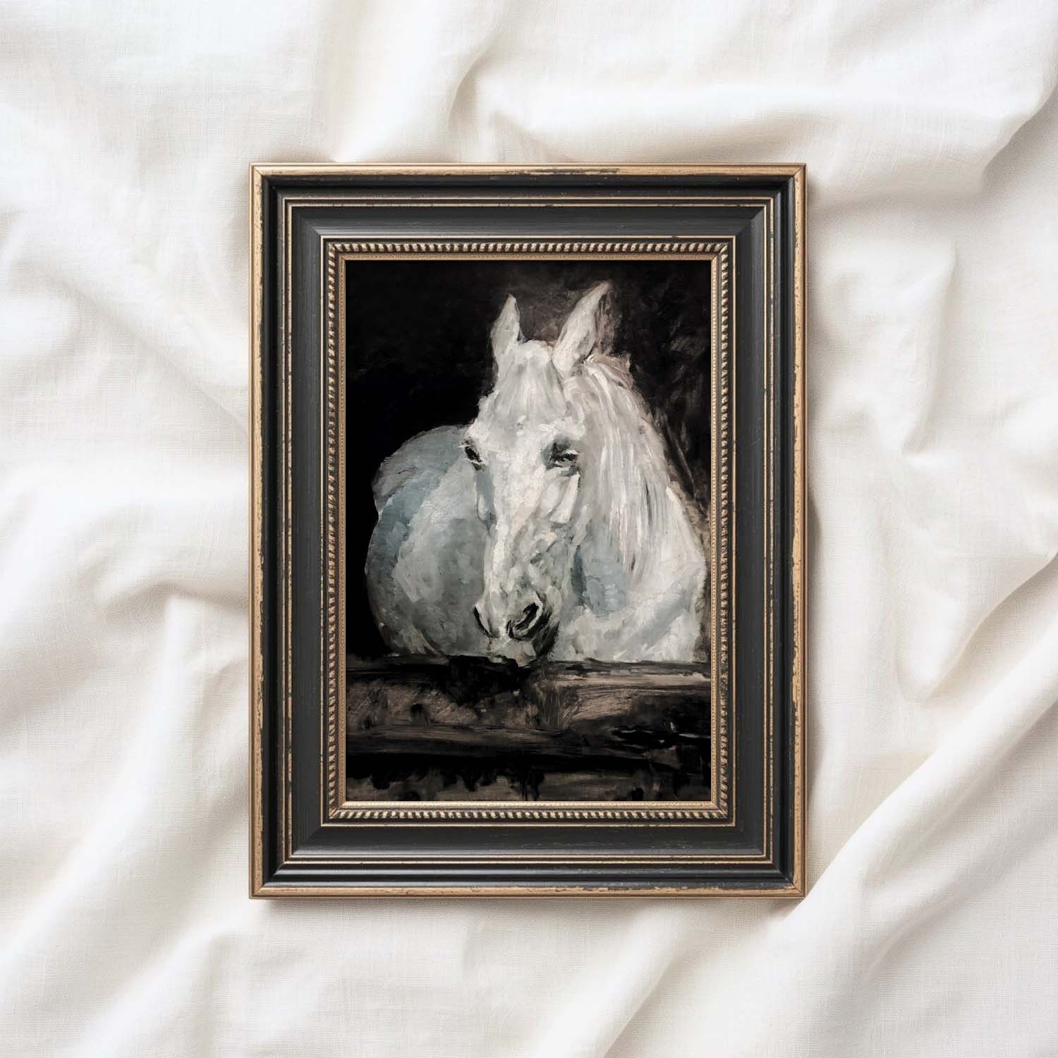 Vintage White Horse Stable Wall Art Printable (Dark Academia Equestrian)
