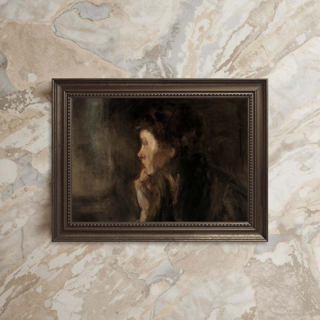 Dark Academia Daydreamer Portrait Wall Art Print – Moody Cinematic Woman Oil Painting (Digital Download)
