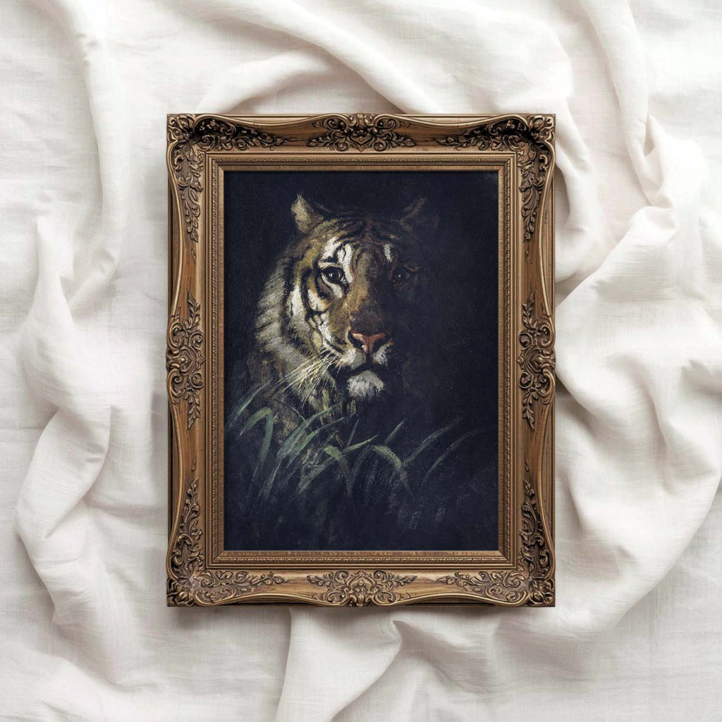 Moody jungle tiger oil painting wall decor print with shadowed rainforest foliage and atmospheric lighting.