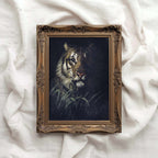 Moody jungle tiger oil painting wall decor print with shadowed rainforest foliage and atmospheric lighting.