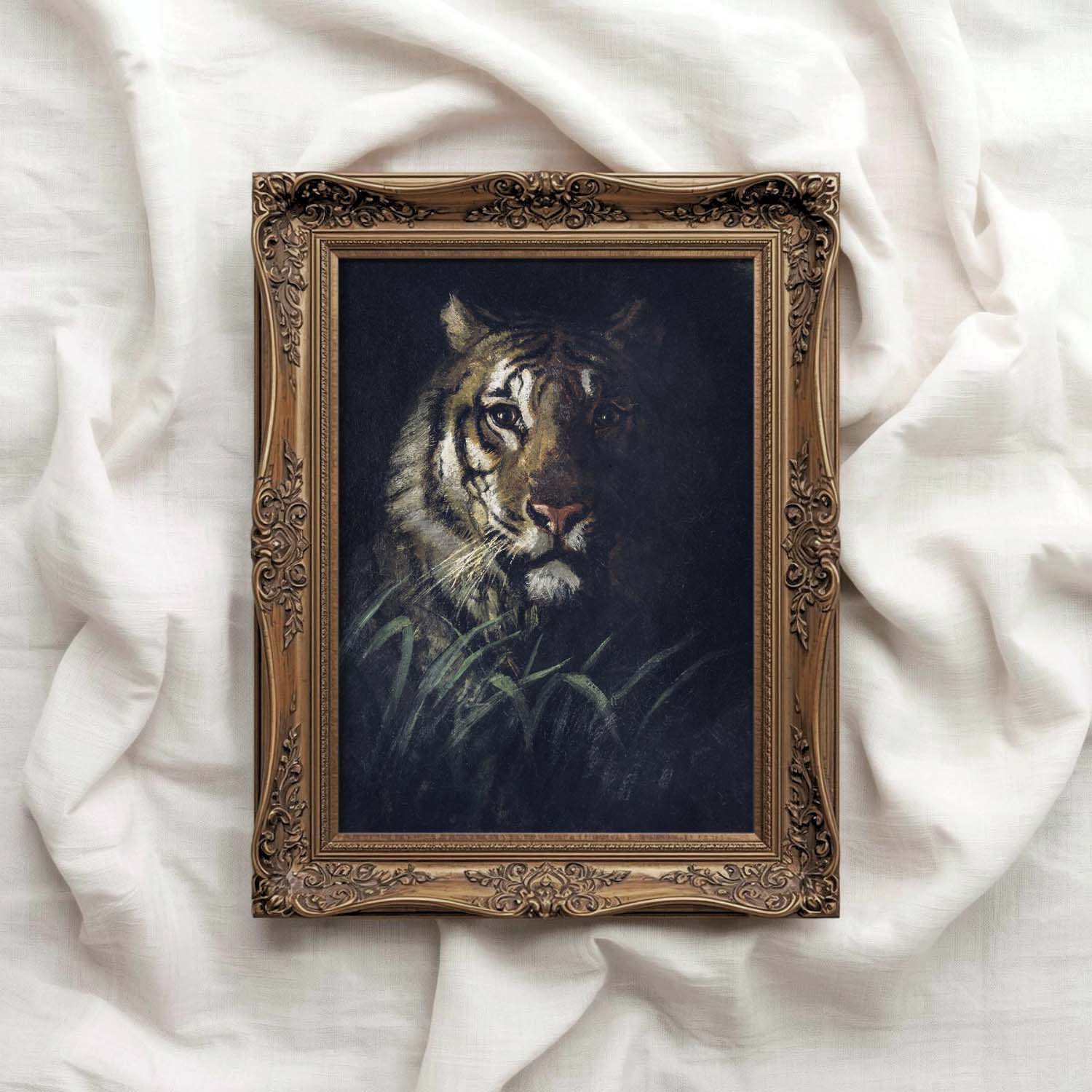 Moody jungle tiger oil painting wall decor print with shadowed rainforest foliage and atmospheric lighting.