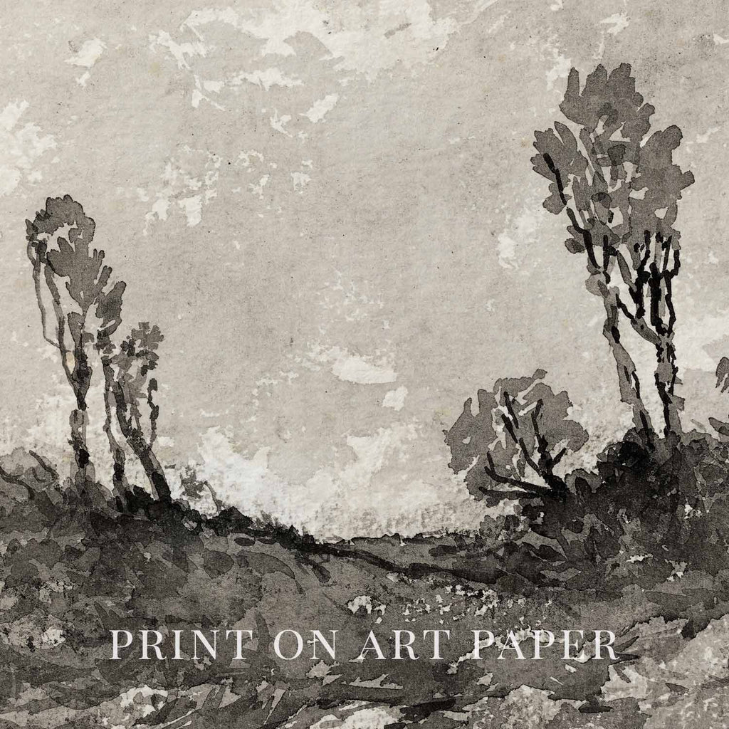 Moody Monochrome Landscape Wall Art Printable – Vintage Neutral Nature Sketch Print