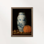 Moody Pumpkin Still Life Wall Art Printable – Vintage Delft Vase Autumn Print (Dark Academia)