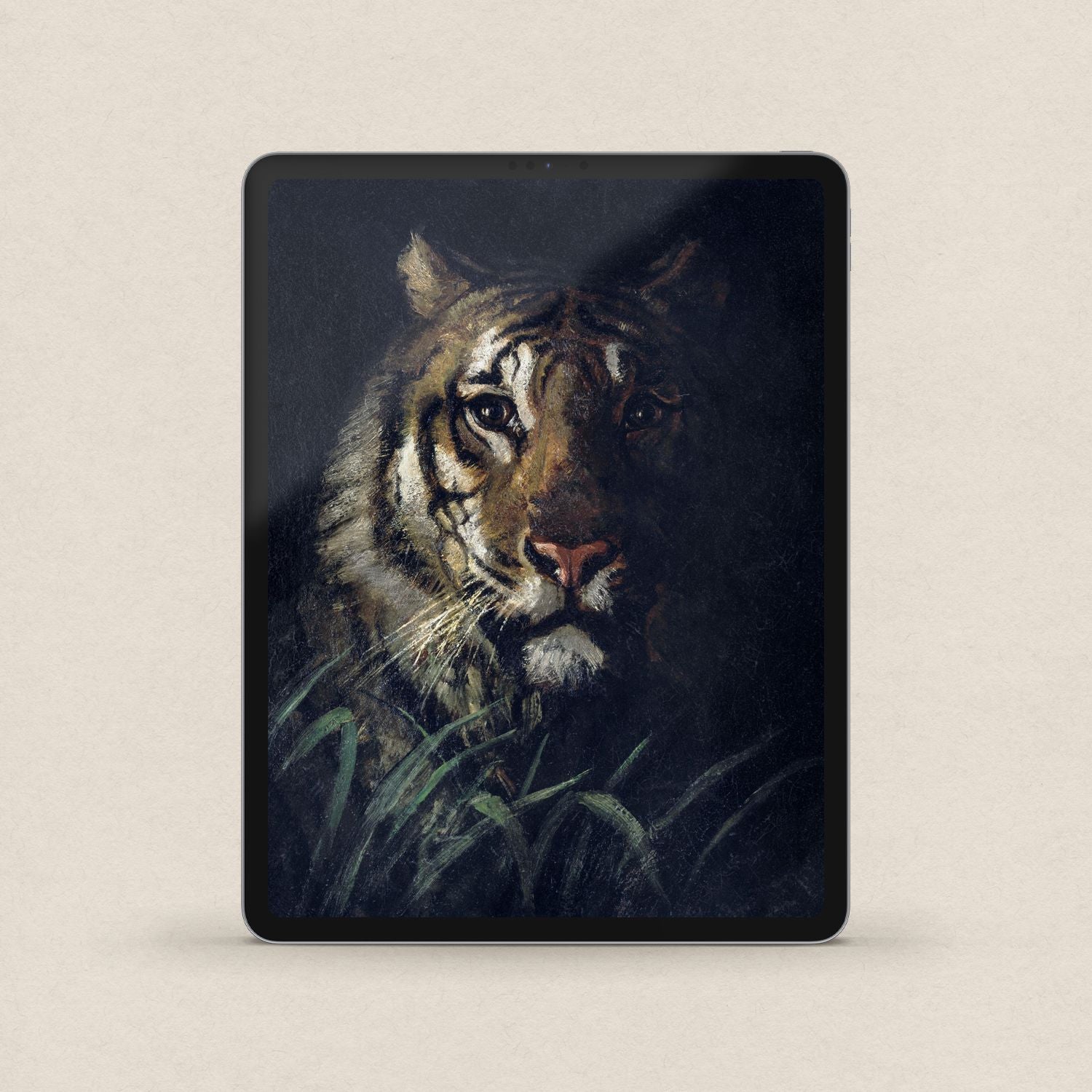 Moody rainforest tiger iPad background wallpaper with vintage wildlife art and dark botanical styling.