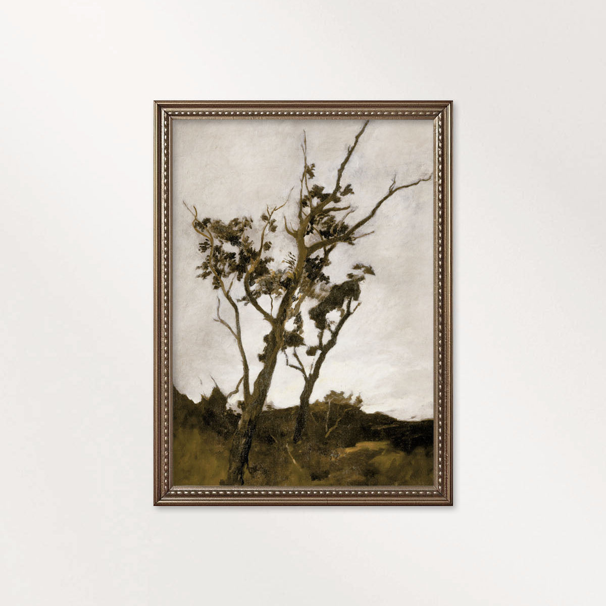 Moody rustic tree art dark fall landscape print in muted vintage farmhouse style.