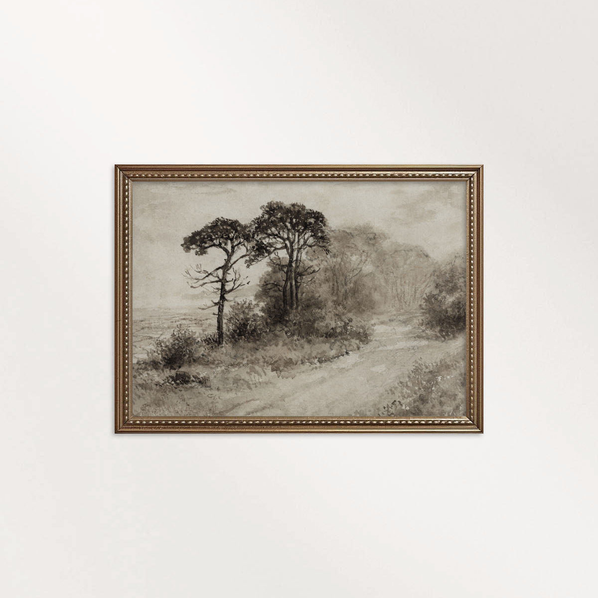 Dark Academia Autumn Landscape Wall Art Printable | Antique Watercolor Neutral Beige Tree Print