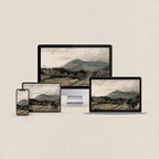 Mountain landscape desktop wallpaper matching set featuring a vintage Western scene across desktop, MacBook, iPad and iPhone