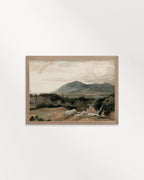 Mountain landscape wall art printable featuring rugged blue-green mountains and warm earthy terrain