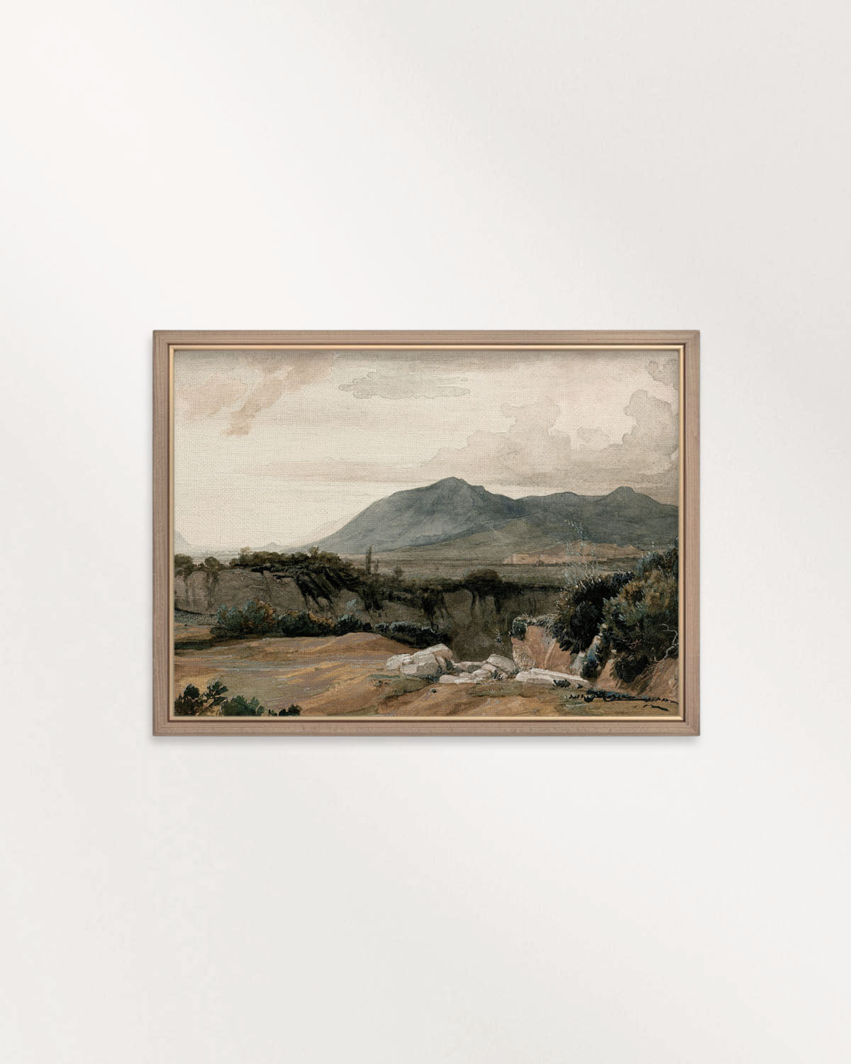 Mountain landscape wall art printable featuring rugged blue-green mountains and warm earthy terrain