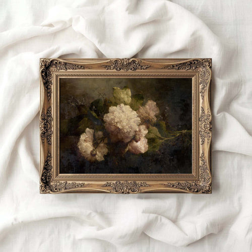 Antique Dark Floral Rose Oil Painting Wall Art Printable – Vintage Botanical Print (Dark Academia)