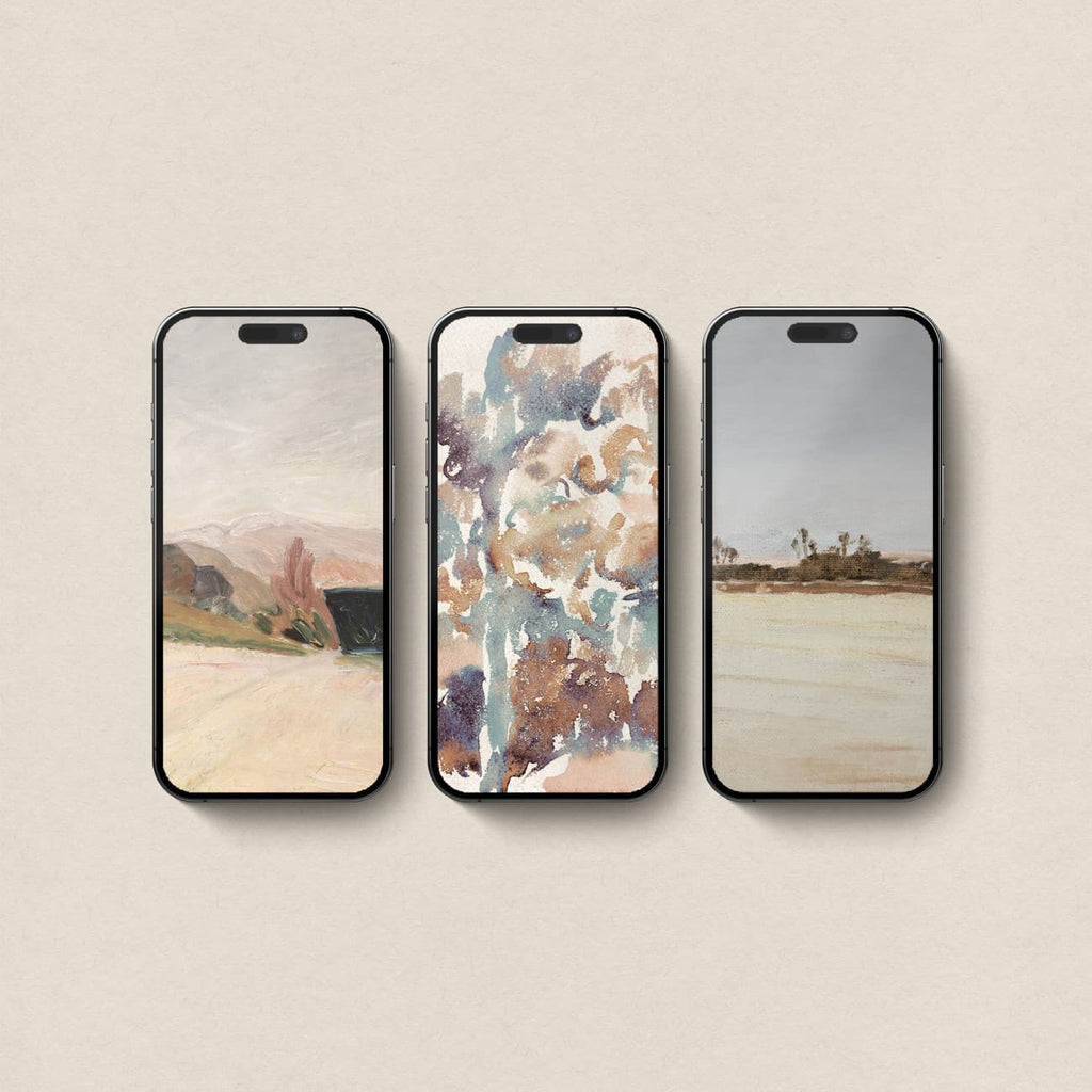 Muted abstract aesthetic iPhone wallpaper bundle featuring three unique remastered artworks