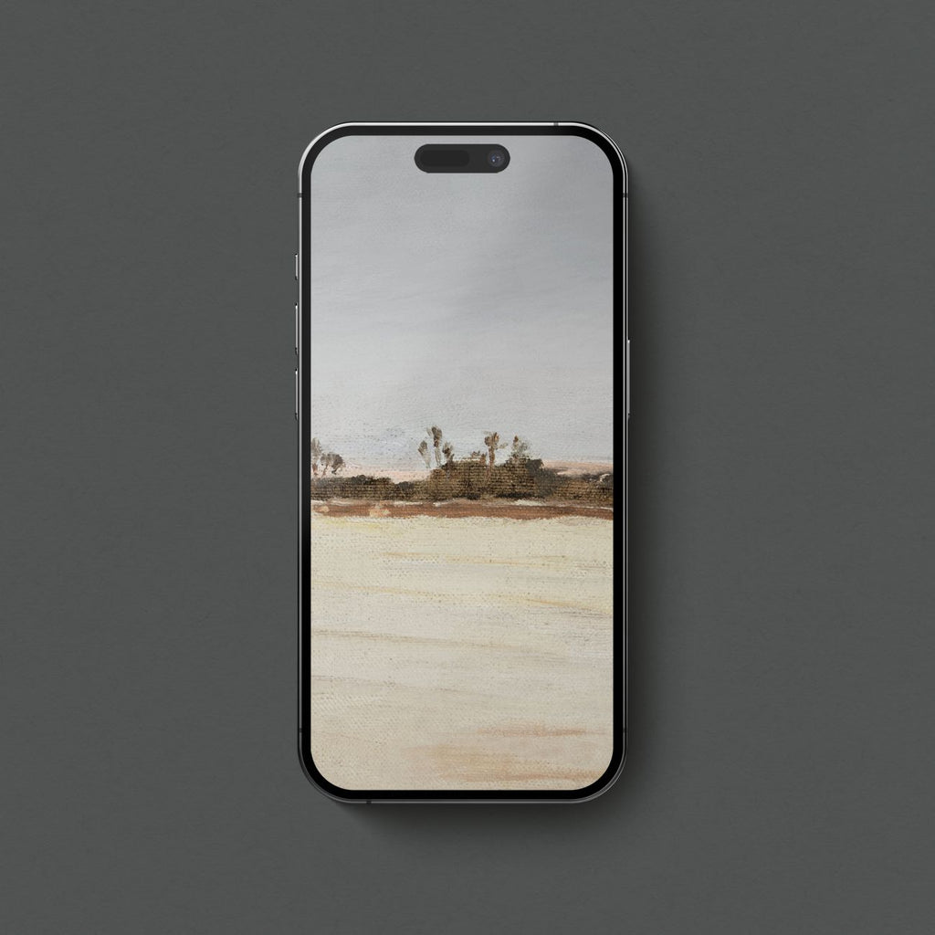 Muted abstract art iPhone wallpaper featuring dusty blue, peach, mauve and brown tones