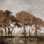 Muted brown and blue forest landscape printable wall art with autumn hues.