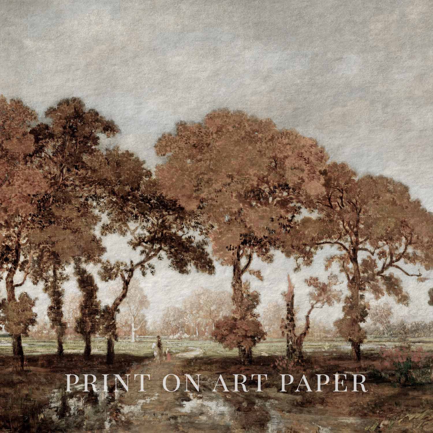 Muted brown and blue forest landscape printable wall art with autumn hues.
