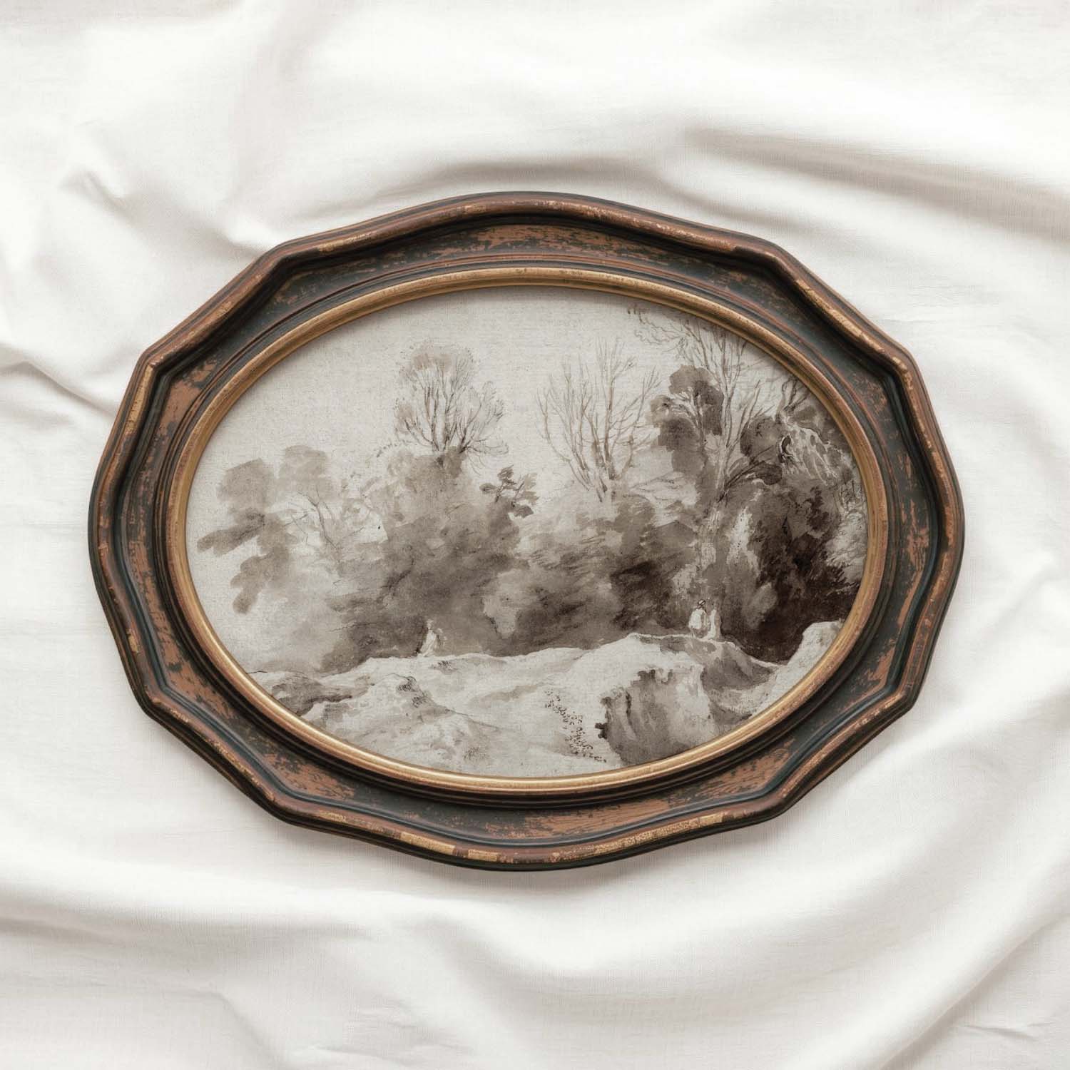Muted Brown European Landscape Wall Art Printable – Neutral Woodland Forest Print