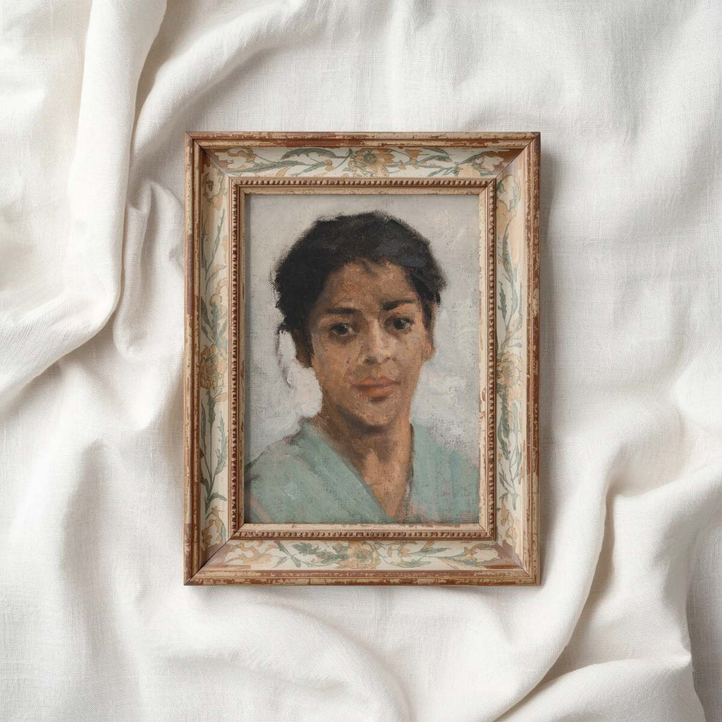 Neutral Boho Portrait Wall Art Print – Muted Grey Vintage Woman Oil Painting (Digital Download)