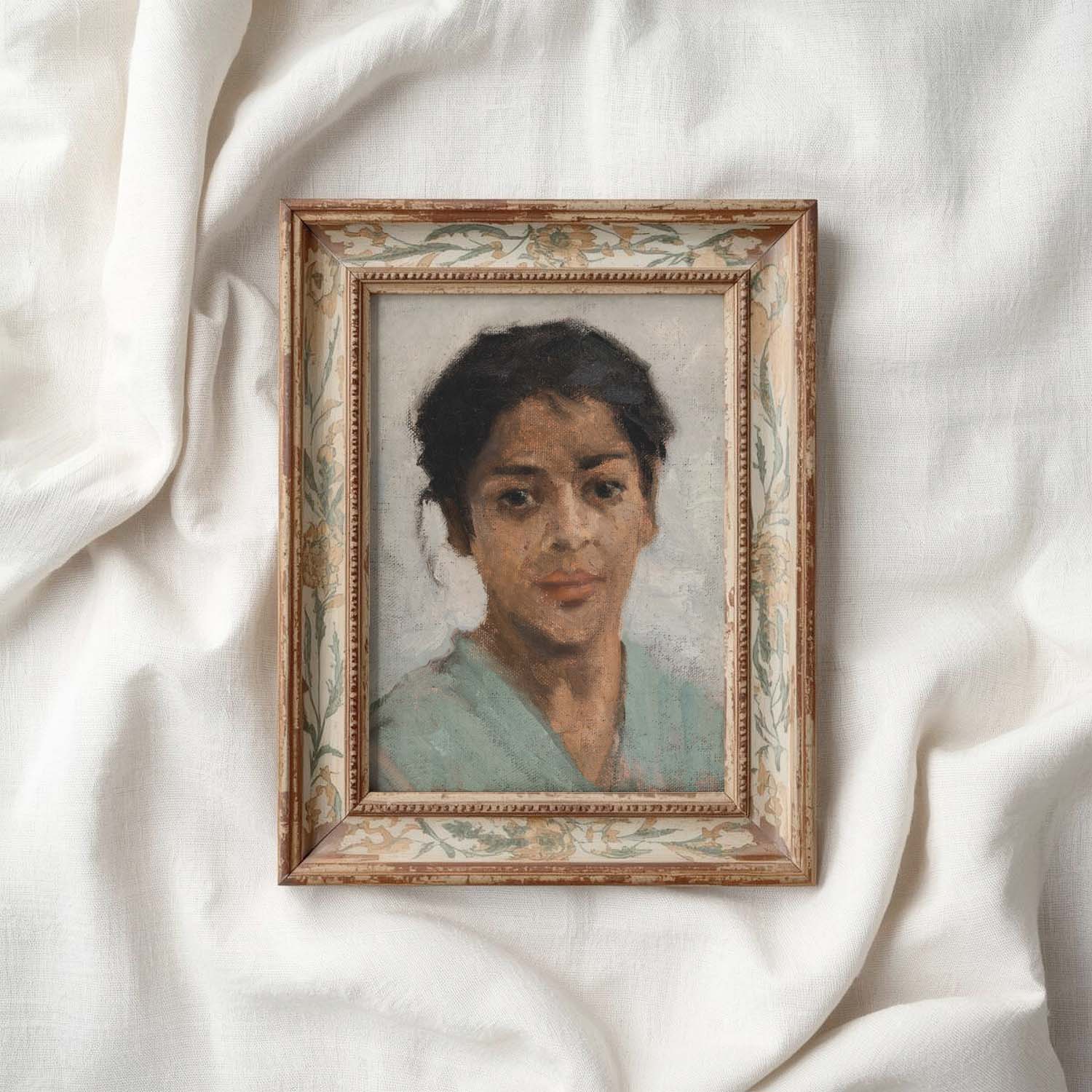 Neutral Boho Portrait Wall Art Print – Muted Grey Vintage Woman Oil Painting (Digital Download)