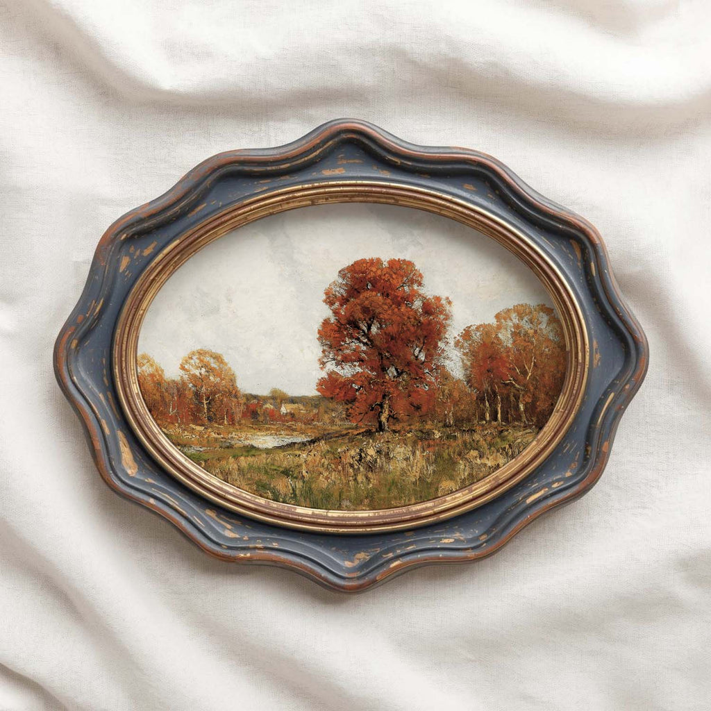 Muted fall countryside tree print vintage wall art with soft autumn landscape tones and rustic charm.
