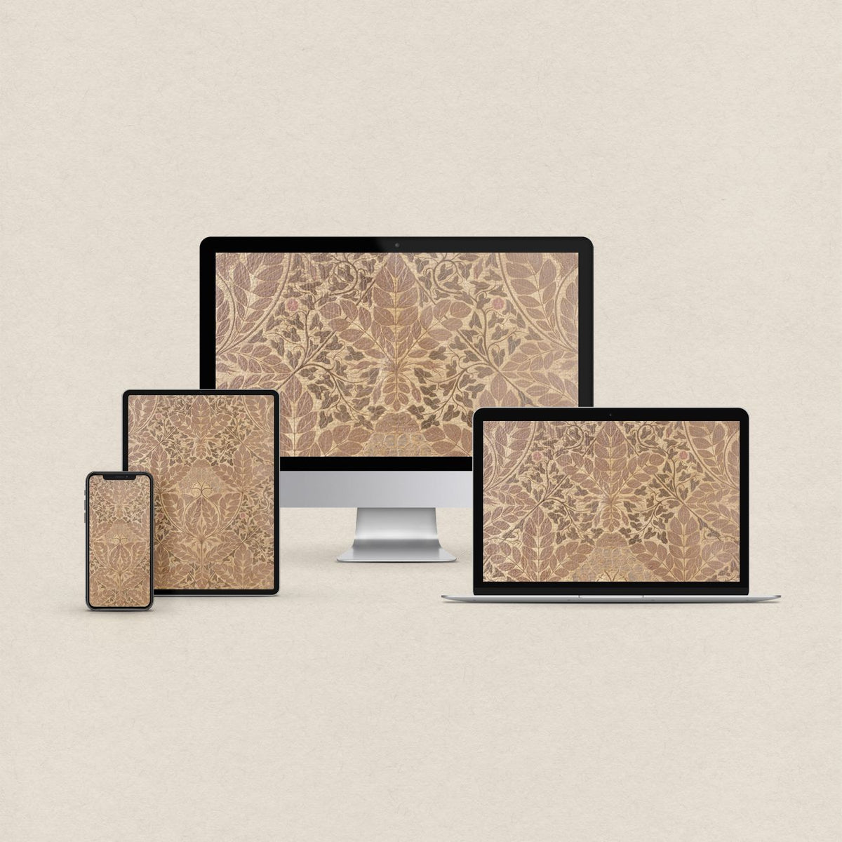 Muted gold botanical desktop wallpaper with vintage leaf design and matching phone, iPad and MacBook wallpapers