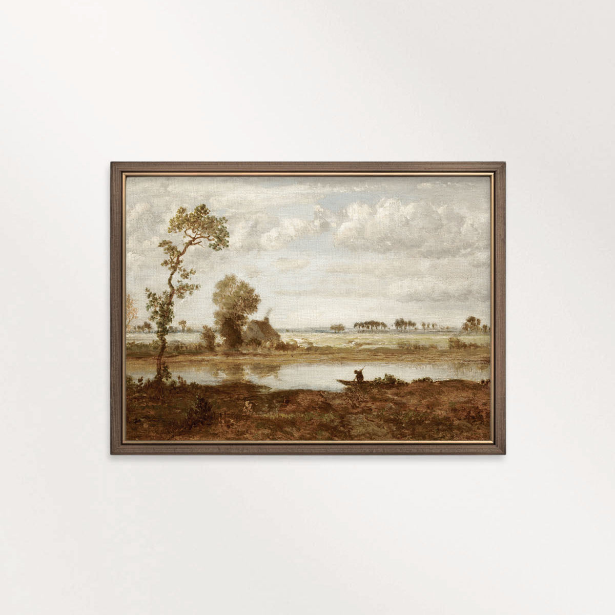Muted sepia lake painting printable wall art styled as modern farmhouse wall decor.