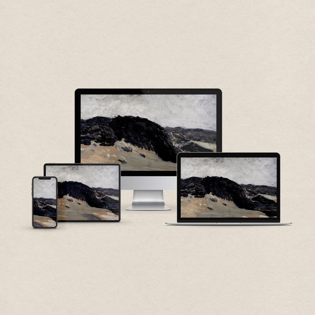 Navy blue desktop wallpaper featuring a minimal abstract coastal landscape in muted blue tones with matching device wallpapers
