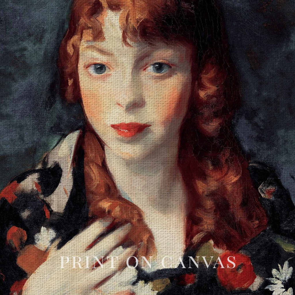 Navy Blue Parisian Portrait Wall Art Print – Romantic Red Hair Woman Oil Painting (Digital Download)