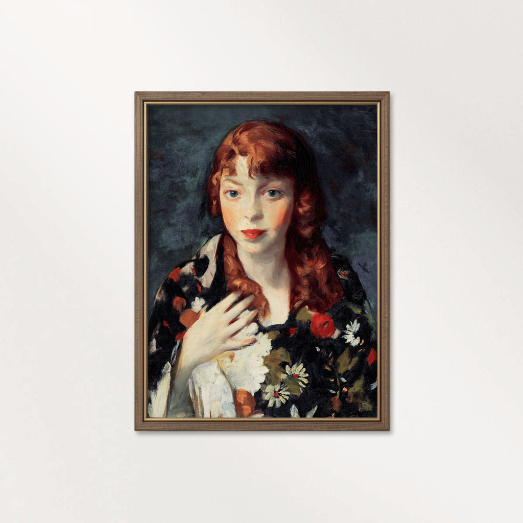 Navy Blue Parisian Portrait Wall Art Print – Romantic Red Hair Woman Oil Painting (Digital Download)