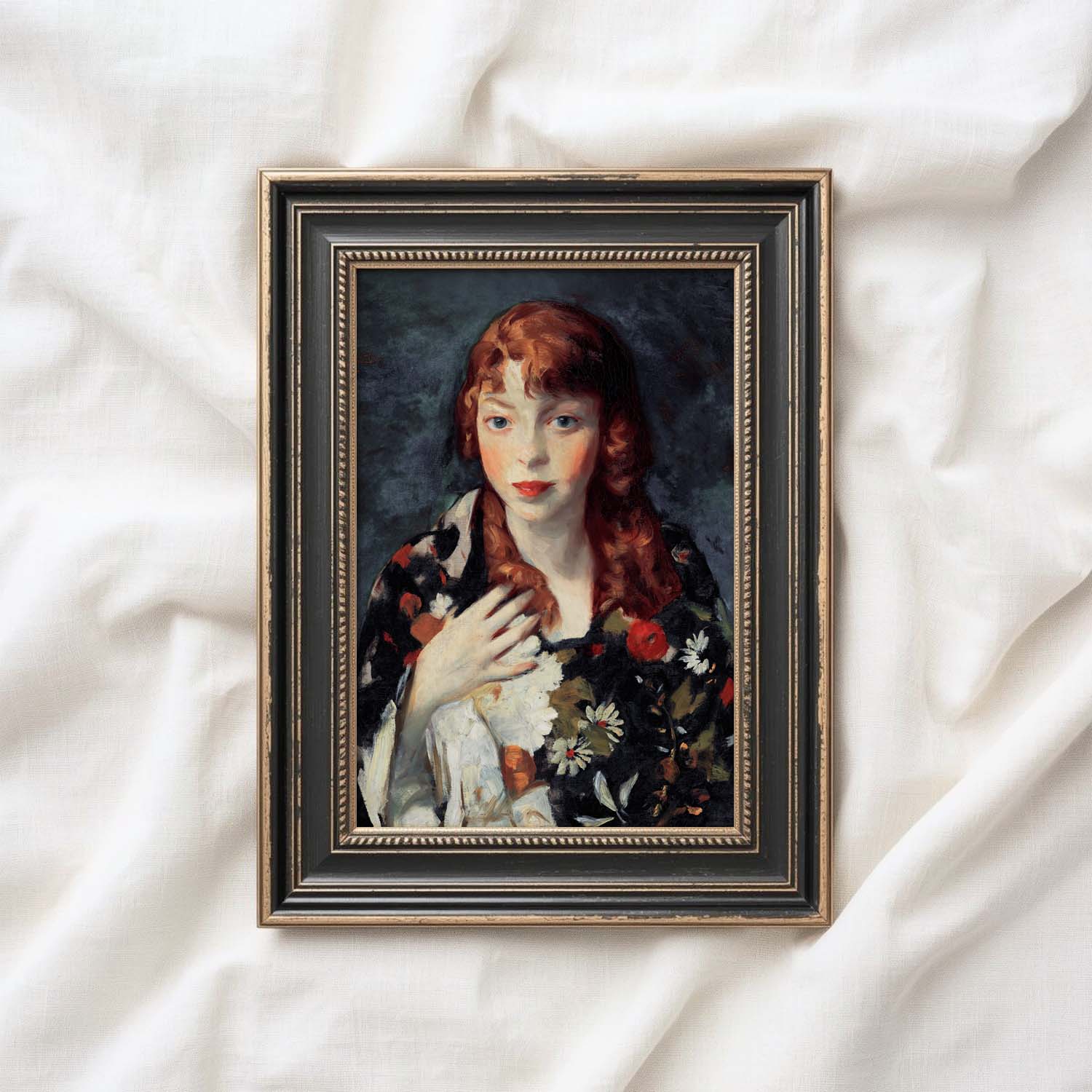 Navy Blue Parisian Portrait Wall Art Print – Romantic Red Hair Woman Oil Painting (Digital Download)