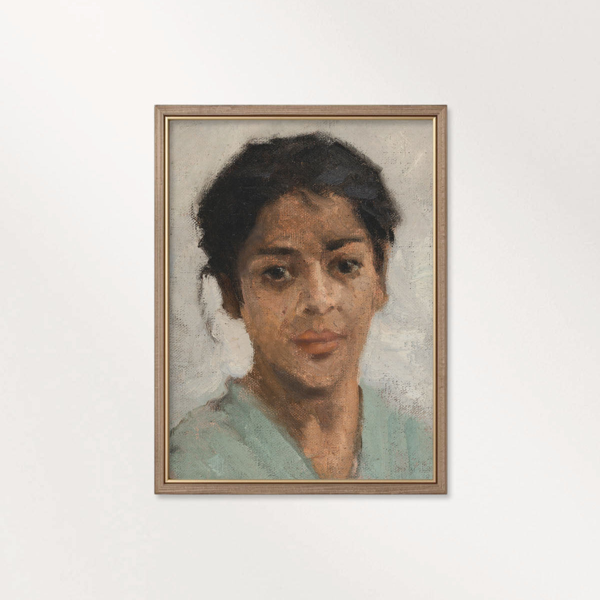 Neutral Boho Portrait Wall Art Print – Muted Grey Vintage Woman Oil Painting (Digital Download)
