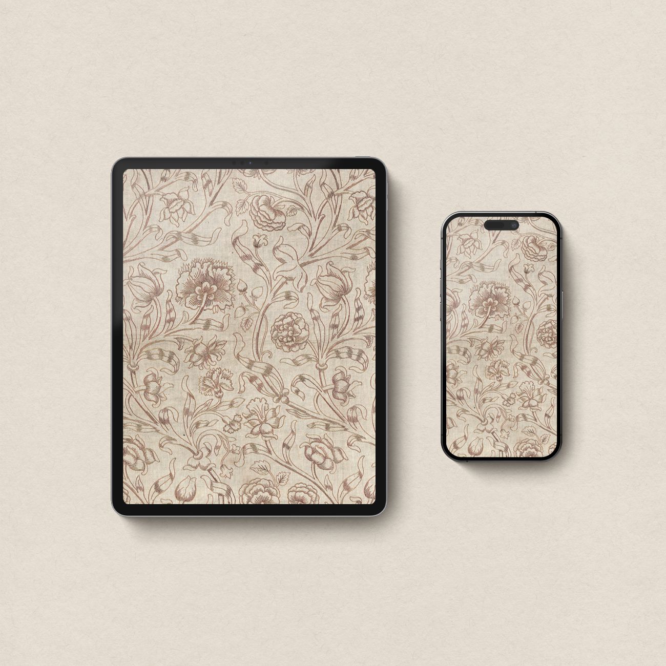 Taupe Floral Tapestry 4-Device Wallpaper Bundle – Vintage Boho Cottagecore (Digital Download)